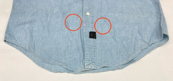 ダブルアールエル RRL 三ツ星タグ DENIM SHIRT デニム バンドカラー シャンブレー フロントボタン ヴィンテージ VINTAGE ラルフローレン RALPH LAUREN マレーシア製 ライトブルー 水色 長袖シャツ 無地 ブルー Sサイズ 104MT-1955