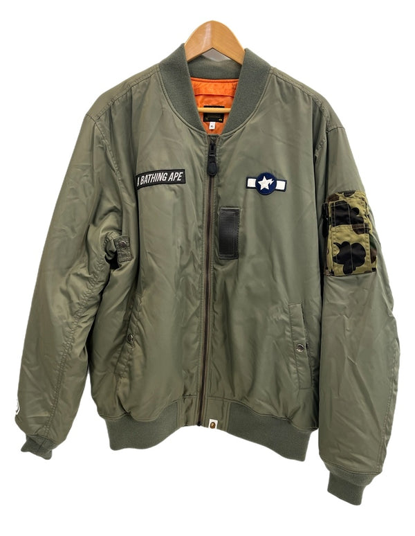 ア ベイシング エイプ A BATHING APE Busy Shark Loose Fit MA-1 Jacket ビジーシャークMA-1ブルゾン フライトジャケット 001HJI301001M XL ジャケット カーキ LLサイズ 101MT-4495