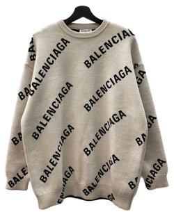バレンシアガ BALENCIAGA LOGO SWEATER ロゴ セーター クルーネック スラッシュロゴ オーバーサイズ ニット 長袖 厚手 白 セーター 総柄 ホワイト XSサイズ 104MT-2294