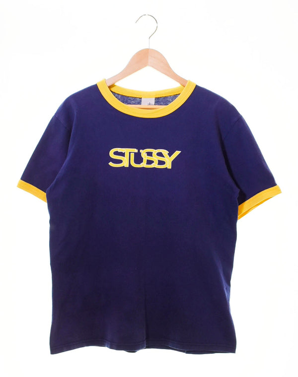ステューシー STUSSY 90's USA製 Ringer Tee s/s リンガー Tシャツ ロゴ ネイビー Mサイズ 103MT-580