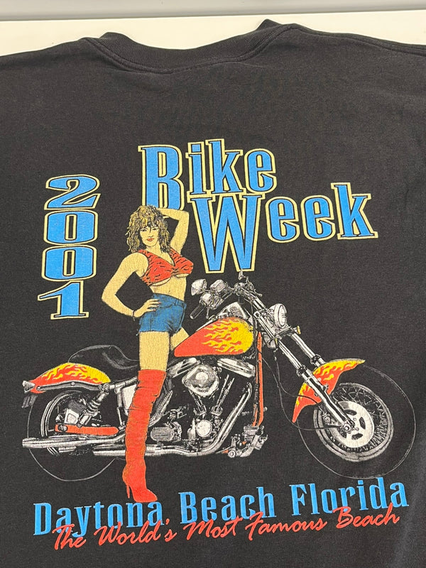 US US古着 00’s BIKE WEEK 2001 モーターサイクル アメリカンバイク ピンナップガール 両面プリント VINTAGE ヴィンテージ Tシャツ ブラック Lサイズ 101MT-4570