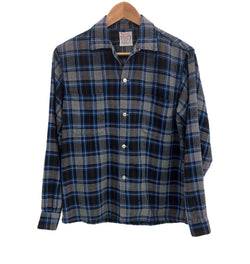 ヴィンテージ vintage 50's~60's 50~60年代 BRENT ブレント 筆記体タグ WASHABLE ボードシャツ オープンカラーシャツ ループカラー 開襟 ボックス チェック 長袖シャツ ブルー Mサイズ 101MT-4378