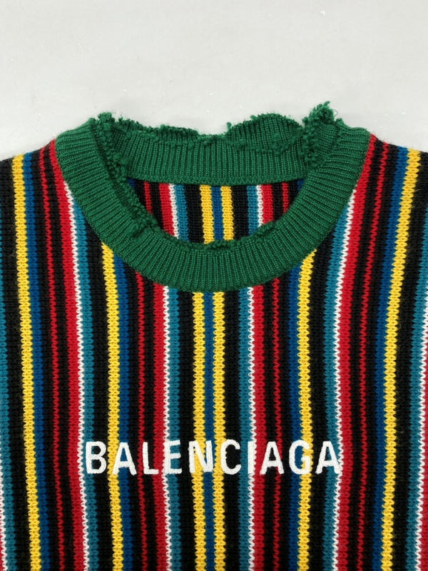 バレンシアガ BALENCIAGA ロゴ 刺繍 ニット クルーネック ダメージ加工 ストライプ UP57 2018 00224 セーター ボーダー マルチカラー Mサイズ 104MT-632