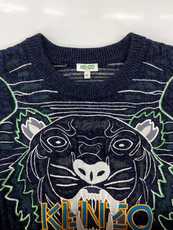 ケンゾー KENZO CREWNECK TIGER KNIT クルーネック タイガー ニット セーター ラメ 刺繍 厚手 長袖 紺 F965PU2513XE セーター ロゴ ネイビー XLサイズ 104MT-1964