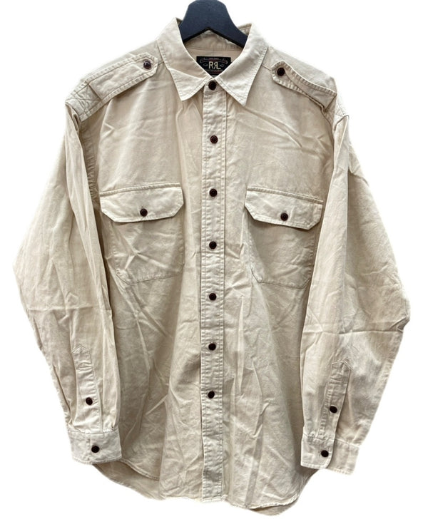 ダブルアールエル RRL 90s 三ツ星タグ MILITARY SHIRT ミリタリー サファリシャツ ステンカラー フロントボタン ヴィンテージ VINTAGE ラルフローレン RALPH LAUREN コットン 北マリアナ諸島製 BEIGE 長袖シャツ 無地 ベージュ Lサイズ 104MT-1971