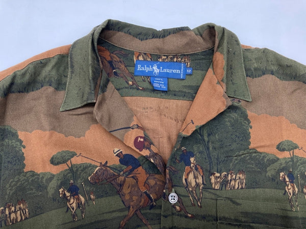 ラルフローレン RalphLauren 90's 90年代 オープンカラー 開襟 ステンカラー フロントボタン レーヨン 馬 HORSE ヴィンテージ VINTAGE マレーシア製 グリーン系 ブラウン系 SIZE12 長袖シャツ 総柄 マルチカラー 104MT-2038