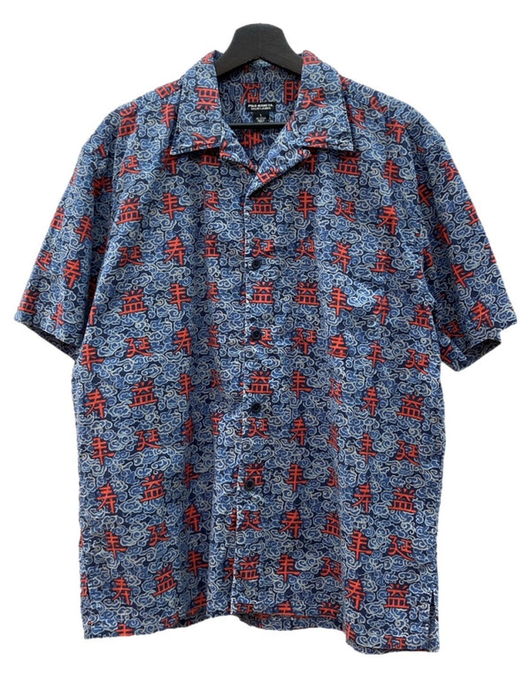 ラルフローレン RalphLauren POLO JEANS 90s 00s OPEN COLLAR SHIRT オープン カラー シャツ アロハ パートナー21 和柄 開襟 漢字 半袖 青 半袖シャツ 総柄 ブルー Sサイズ 104MT-2351
