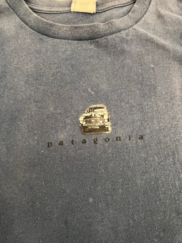 パタゴニア PATAGONIA 90's 90年代 Beneficial タグ クラシックカー 両面プリント  USA製 アメリカ製 青 vintage ヴィンテージ XL Tシャツ ブルー LLサイズ 101MT-4722