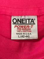 US US古着 90’s 90年代 ONEITA オールドイングリッシュ フロッキープリント MADE IN USA アメリカ製 VINTAGE ヴィンテージ シングルステッチ Tシャツ ピンク Lサイズ 101MT-4574