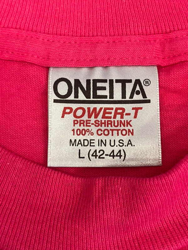 US US古着 90’s 90年代 ONEITA オールドイングリッシュ フロッキープリント MADE IN USA アメリカ製 VINTAGE ヴィンテージ シングルステッチ Tシャツ ピンク Lサイズ 101MT-4574