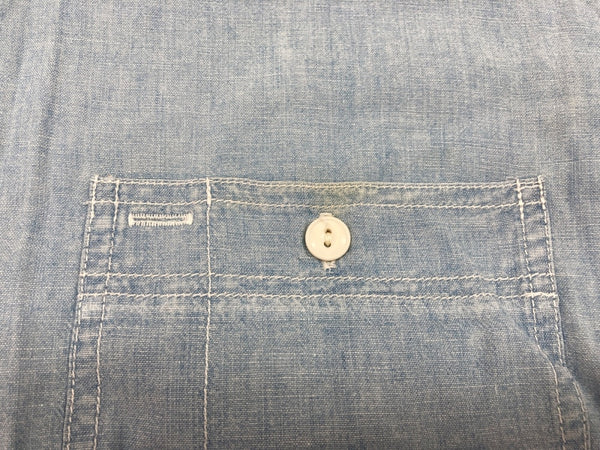 ダブルアールエル RRL 三ツ星タグ DENIM SHIRT デニム バンドカラー シャンブレー フロントボタン ヴィンテージ VINTAGE ラルフローレン RALPH LAUREN マレーシア製 ライトブルー 水色 長袖シャツ 無地 ブルー Sサイズ 104MT-1955