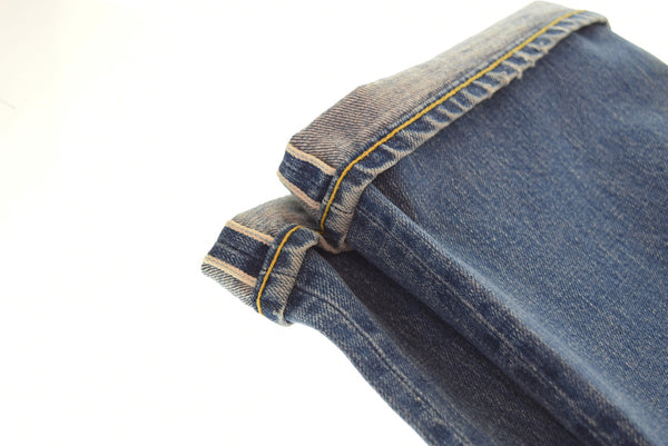 ダブルアールエル RRL ボタンフライ ストレートデニム 日本製 ダメージ加工 青耳 革パッチ デニム ブルー 32/34 103MB-586