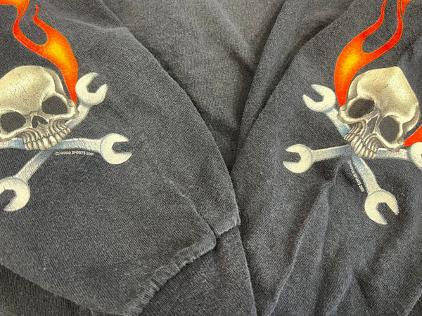 US US古着 00’s   スカルフレイム ドクロ モーターサイクル エンジン イーグル フレイム ファイヤーパターン 袖プリント 両面プリント VINTAGE ヴィンテージ - ロンT ブラック 101MT-4569
