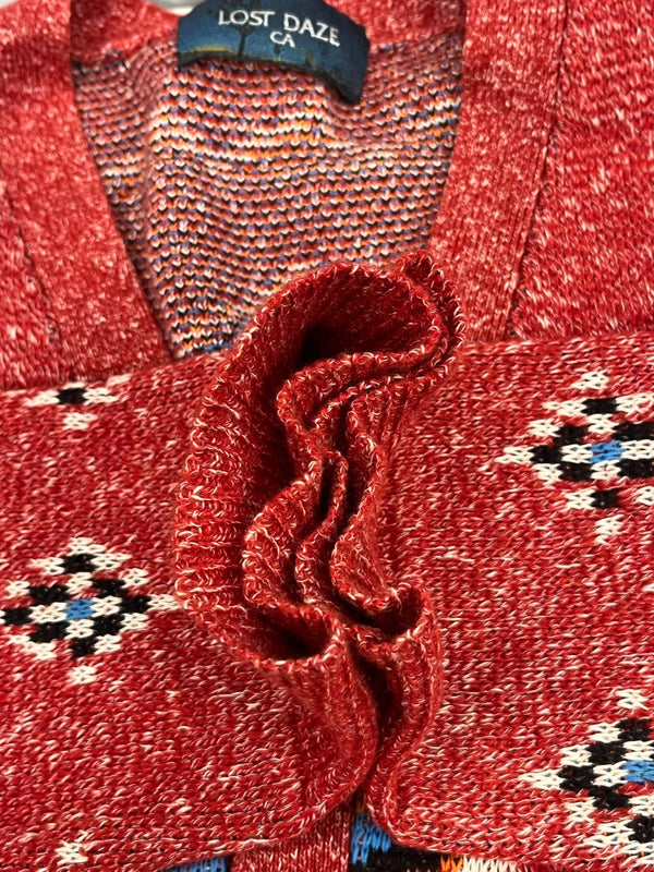 ロストデイズ LOST DAZE RUG CASHMERE CARDIGAN ネイティヴ ラグ カシミヤ カーディガン ワインレッド Lサイズ 101MT-5010