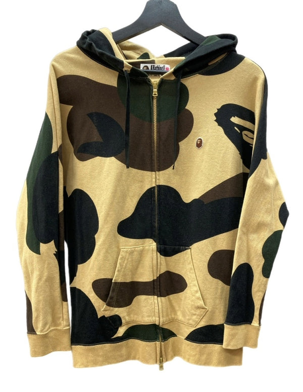アベイシングエイプ A BATHING APE プルオーバー パーカー フーディ ダブルジップ カモフラ 迷彩柄 カモ ロゴ刺繍 コットン 日本製 BEIGE 1930-215-503 パーカ ワンポイント ベージュ Sサイズ 104LT-141