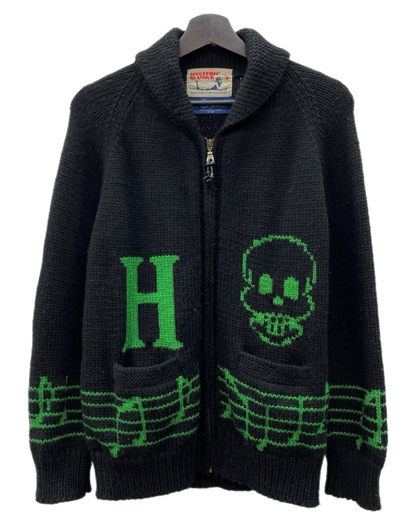 ヒステリックグラマー HYSTERIC GLAMOUR Cowichan Knit Cardigan カウチン ニット カーディガン GRANTED MONSTER 音符 ドクロ ジップアップ ジャケット 黒 02183ND05 カーディガン ロゴ ブラック Sサイズ 104MT-2223