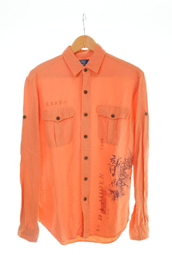 ラルフローレン RalphLauren 90s ドラゴン リネンシルク 長袖シャツ オレンジ Sサイズ 103MT-2779