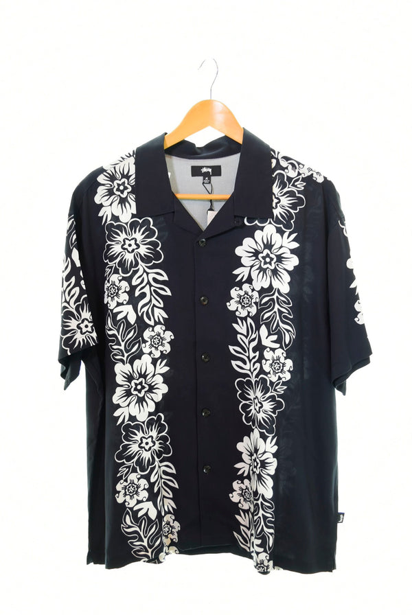 ステューシー STUSSY HAWAIIAN PATTERN SHIRT ハワイアンシャツ 黒         21S1110157 半袖シャツ 総柄 ブラック Mサイズ 103MT-452