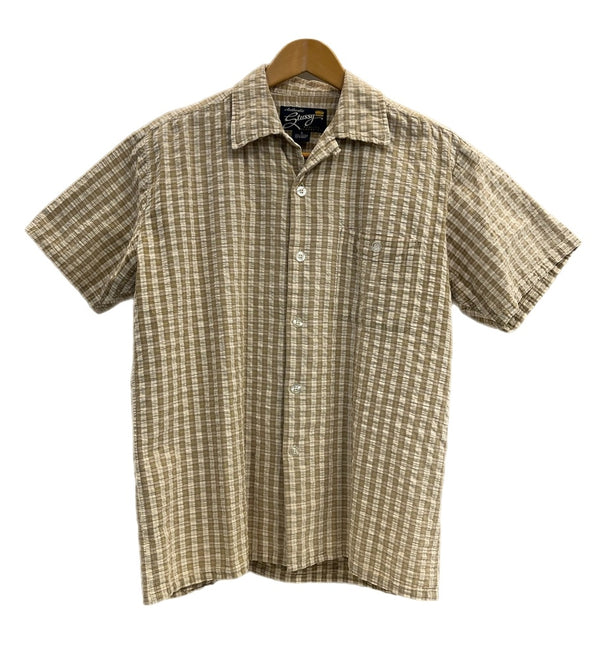 ステューシー STUSSY 90s OLD STUSSY オールドステューシー 王冠 クラウン オープンカラー コットン チェックシャツ クリーム系  ロゴ刺繍 半袖シャツ ベージュ Sサイズ 101MT-4524