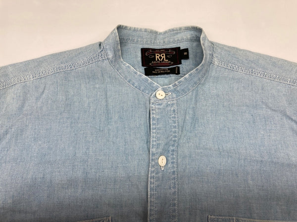 ダブルアールエル RRL 三ツ星タグ DENIM SHIRT デニム バンドカラー シャンブレー フロントボタン ヴィンテージ VINTAGE ラルフローレン RALPH LAUREN マレーシア製 ライトブルー 水色 長袖シャツ 無地 ブルー Sサイズ 104MT-1955