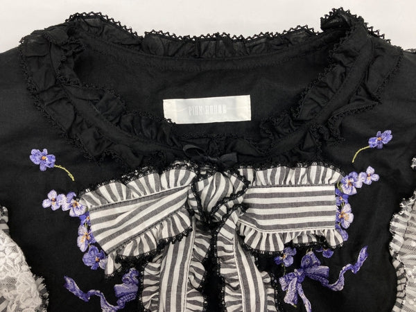 ピンクハウス PINKHOUSE 24SS ストライプ使い ノースリーブ フリル ドレス DRESS レース 刺繍 リボン ピコフリル ロリータ ゴシック パンク BLACK 黒 A2141FAY308 ワンピース 花・植物 ブラック 104LT-204