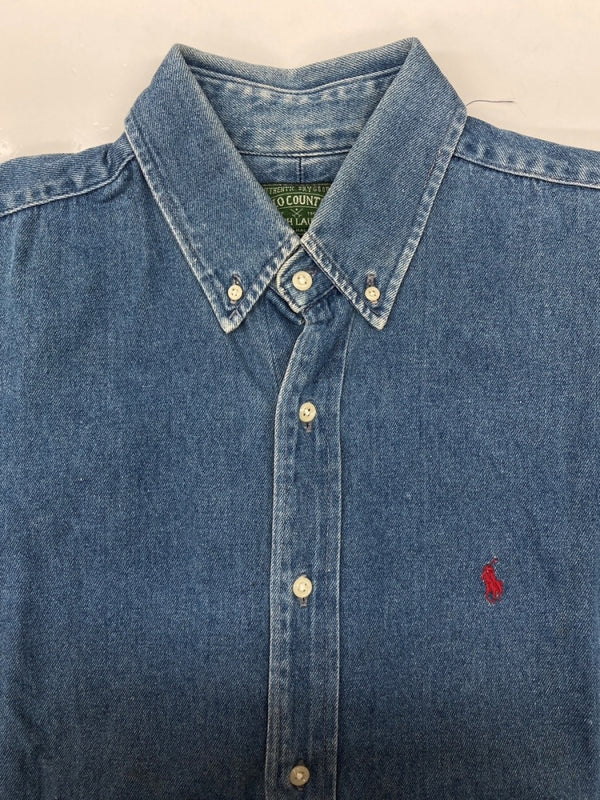 ラルフローレン RalphLauren POLO COUNTRY 90s BUTTONDOWN DENIM SHIRT ボタンダウン デニム シャツ ワーク 長袖 インディゴ 青 長袖シャツ ロゴ ブルー Lサイズ 104MT-2266