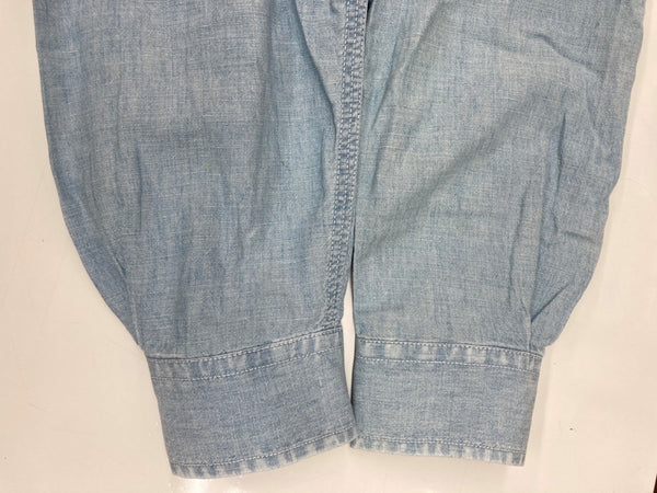 ダブルアールエル RRL 三ツ星タグ DENIM SHIRT デニム バンドカラー シャンブレー フロントボタン ヴィンテージ VINTAGE ラルフローレン RALPH LAUREN マレーシア製 ライトブルー 水色 長袖シャツ 無地 ブルー Sサイズ 104MT-1955