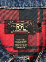 ダブルアールエル RRL 90s 2nd TYPE DENIM JACKET デニム ジャケット Gジャン 裏地チェック USA製 三ツ星タグ Ralph Lauren 青 ジャケット 無地 ブルー Lサイズ 104MT-1441
