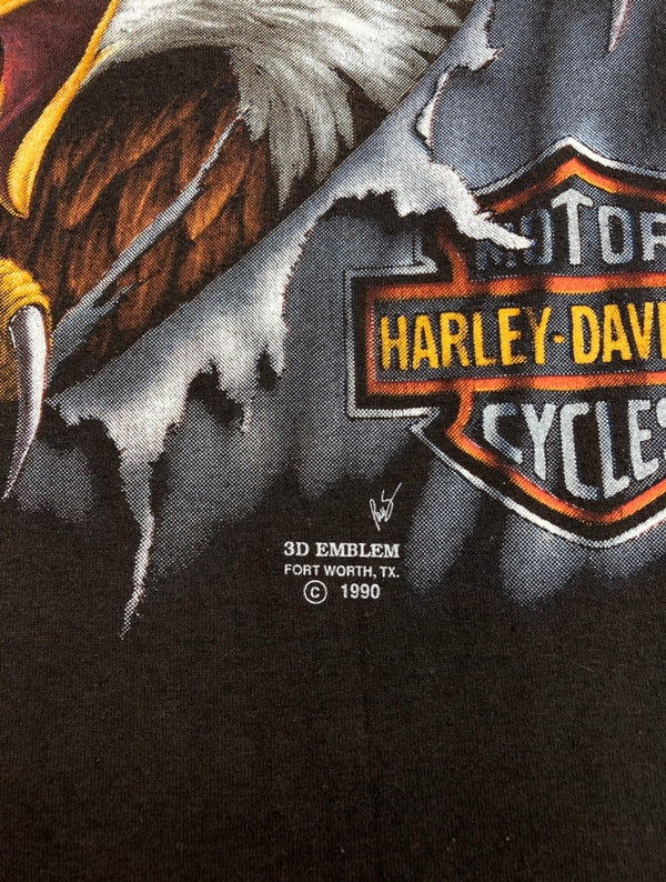 ヴィンテージ vintage 90s Harley Davidson ハーレー ダビッドソン 3D EMBLEM T-SHIRT エンブレム Tシャツ イーグル 前面プリント 黒 Tシャツ ロゴ ブラック Lサイズ 104MT-1210