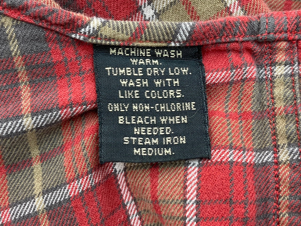 ダブルアールエル RRL 90s 90年代 三ツ星タグ FLANNEL SHIRT フランネル ネルシャツ バンドカラー ノーカラー  長袖シャツ チェック レッド Lサイズ 104MT-2075