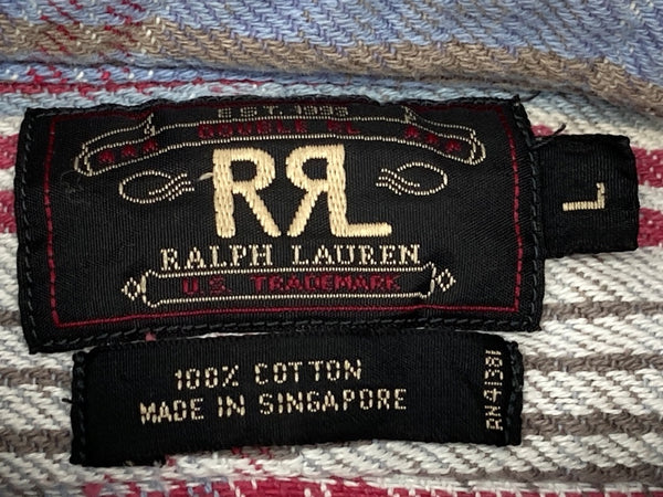 ダブルアールエル RRL 90s 三ツ星タグ ヘビーネルシャツ SHIRT フランネル ステンカラー フロントボタン ヴィンテージ VINTAGE ラルフローレン RALPH LAUREN コットン シンガポール製 ブルー系 長袖シャツ チェック マルチカラー Lサイズ 104MT-2039