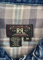 ダブルアールエル RRL 90s DENIM JACKET デニム ジャケット 三ツ星タグ USA製 シンチバック 裏地チェック Ralph Lauren 青 ジャケット ロゴ ブルー Mサイズ 104MT-1366