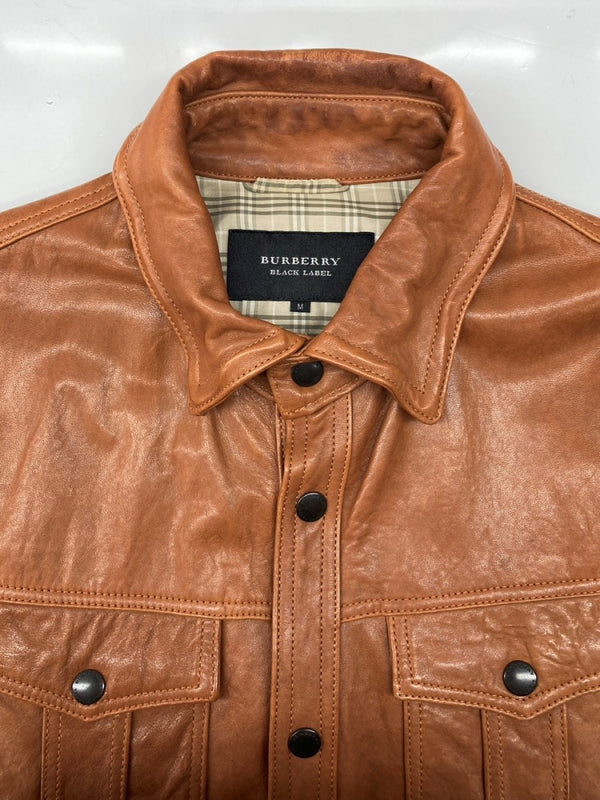 バーバリー Burberry BLACK LABEL LEATHER JACKET レザー ジャケット 革ジャン 裏地チェック ボタン アウター 茶 D1F09-408-54 ジャケット 無地 ブラウン Mサイズ 104MT-1700