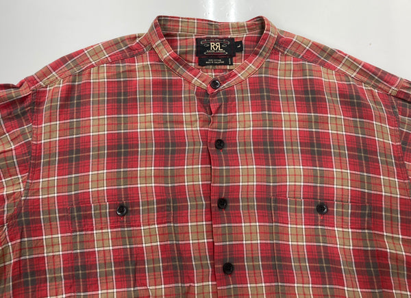 ダブルアールエル RRL 90s 90年代 三ツ星タグ FLANNEL SHIRT フランネル ネルシャツ バンドカラー ノーカラー  長袖シャツ チェック レッド Lサイズ 104MT-2075