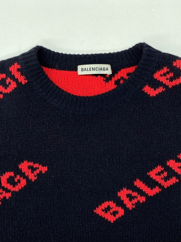 バレンシアガ BALENCIAGA 18SS ALLOVER LOGO CREWNECK KNIT オールオーバー ロゴ ニット ジャガード 紺 555279 セーター 総柄 ネイビー XSサイズ 104MT-634