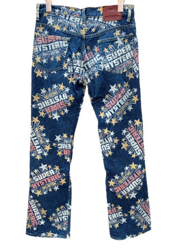 ヒステリックグラマー HYSTERIC GLAMOUR 初期タグ KINKY JEANS ストレートデニム STRAIGHT DENIM ロゴプリント スター 星 Y2K 平成 日本製 インディゴ 2AP-0752 デニム 総柄 ネイビー Mサイズ 104LB-50