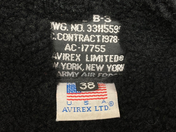 アヴィレックス AVIREX B-3 FLIGHT JACKET フライト ジャケット ムートン ボンバー レザー USA製 アウター 黒 AC-17755  サイズ 38 ジャケット 無地 ブラック 104MT-1000