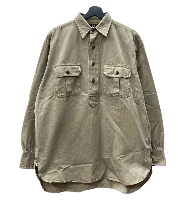 ダブルアールエル RRL 90s 三ツ星タグ プルオーバー ヘリンボーン HBT ミリタリー ワークシャツ マチ付き 長袖シャツ 無地 ベージュ Mサイズ 104MT-2061