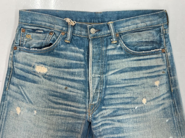 ダブルアールエル RRL DENIM PANTS デニム パンツ ボタンフライ ダメージ加工 ジーパン ジーンズ USA製 Ralph Lauren インディゴ 青 ロゴ R41RB07 デニム ブルー サイズ 33 104MB-214