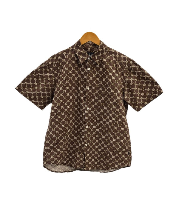 ステューシー STUSSY 90s 90's OLD STUSSY モノグラム 総柄 紺タグ USA製 SSリンクロゴ 半袖シャツ ベージュ Sサイズ 101MT-5000