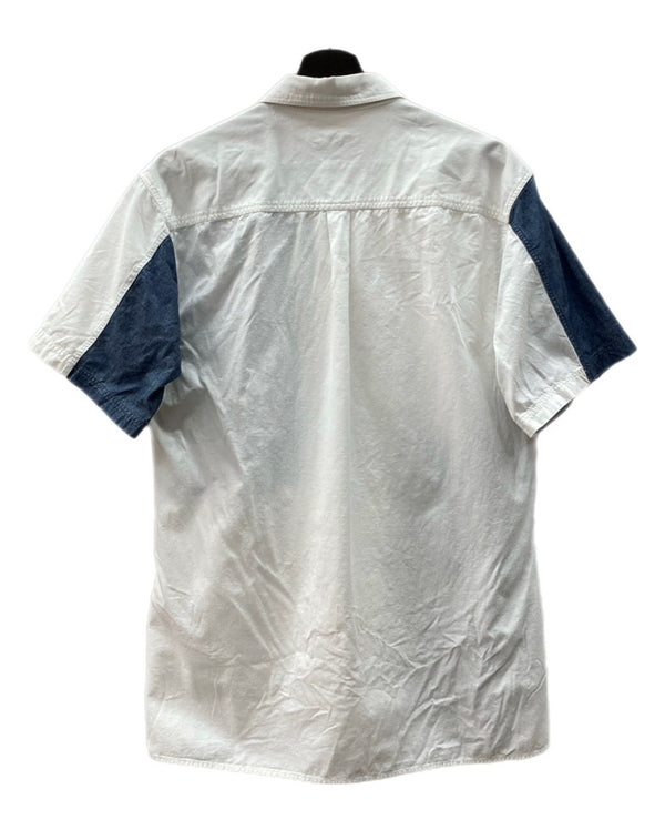 ヨウジヤマモト Yohji Yamamoto POUR HOMME PATCHWORK S/S SHIRT パッチワーク 半袖シャツ ボタン 白 紺 HU-B62-807 サイズ 2 半袖シャツ ロゴ ホワイト 104MT-1641