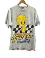 US US古着 90s 90's LOONEY TUNES Tweety HIGH PERFORMANCE ルーニーチューンズ トゥイーティー 袖裾シングルステッチ  - Tシャツ グレー フリーサイズ 101MT-2848