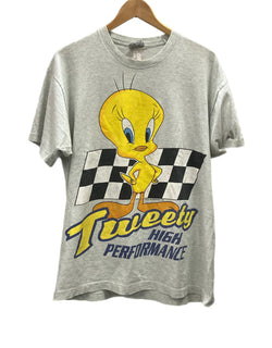 US US古着 90s 90's LOONEY TUNES Tweety HIGH PERFORMANCE ルーニーチューンズ トゥイーティー 袖裾シングルステッチ  - Tシャツ グレー フリーサイズ 101MT-2848