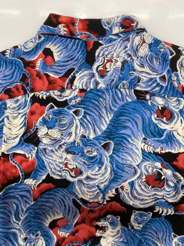 ヒューストン HOUSTON ALOHA SHIRT アロハ シャツ ウッドボタン オープンカラー ハワイアン タイガー 百虎 虎 開襟 半袖 青 ブルー 41022 半袖シャツ 総柄 マルチカラー Lサイズ 104MT-2331