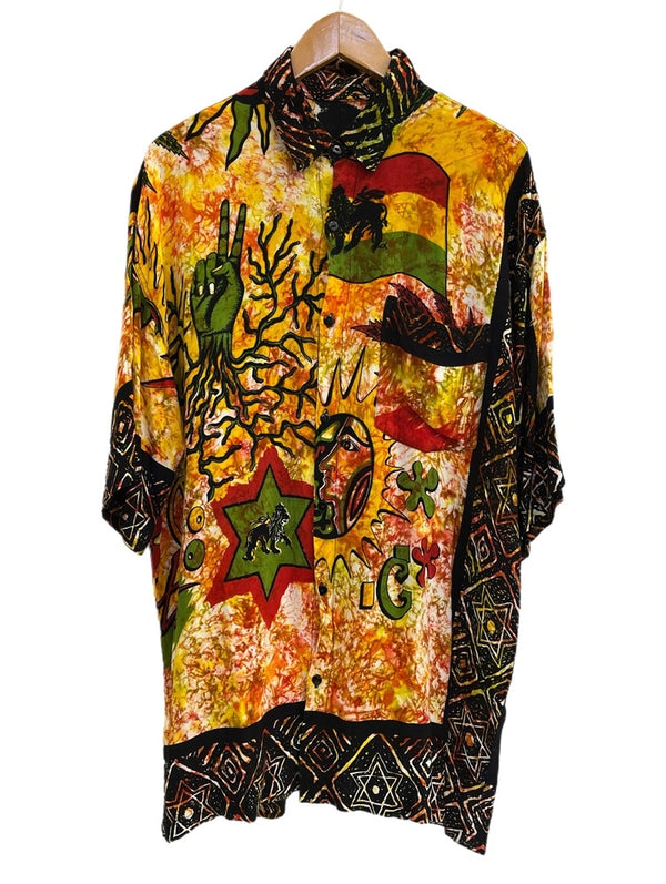 US古着 ボブマーリー ラスタ 柄シャツ 総柄  長袖シャツ マルチカラー 101MT-4586
