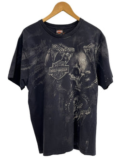 ハーレーダビッドソン Harley-Davidson 00's RIDE HARD PIKES PEAK ドクロ コブラ スカル モーターサイクル バイク プリント 黒 Tシャツ ブラック Lサイズ 101MT-4528