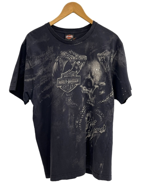 ハーレーダビッドソン Harley-Davidson 00's RIDE HARD PIKES PEAK ドクロ コブラ スカル モーターサイクル バイク プリント 黒 Tシャツ ブラック Lサイズ 101MT-4528