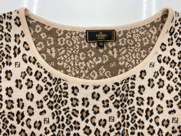 フェンディ FENDI オールド OLD レトロ ニット ラウンドネック 総柄 ロゴ ウール ビスコース レーヨン MADE IN ITALY イタリア製  セーター ヒョウ柄・レオパード柄 ベージュ SIZE40 104LT-248