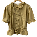 カネコイサオ kaneko isao ワンダフルワールド リボン ブラウス フリル パールボタン 半袖シャツ ベージュ 201LT-435