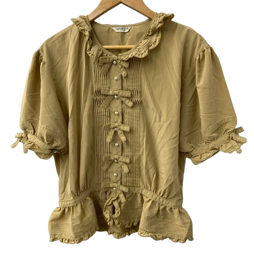 カネコイサオ kaneko isao ワンダフルワールド リボン ブラウス フリル パールボタン 半袖シャツ ベージュ 201LT-435